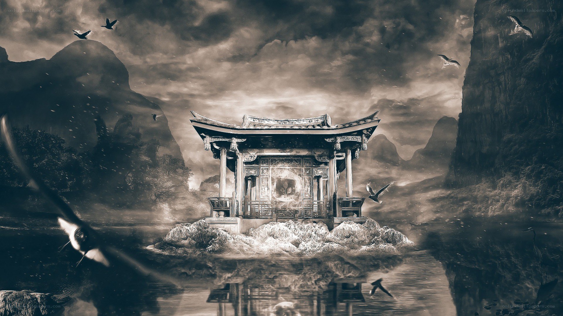 Mystical temple on a rock