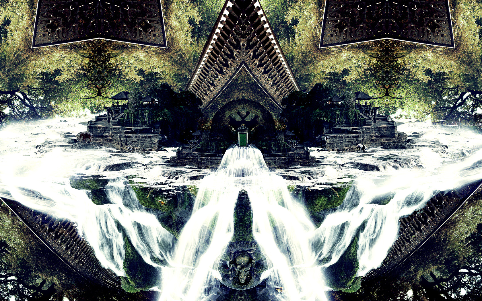Mystical temple waterfall