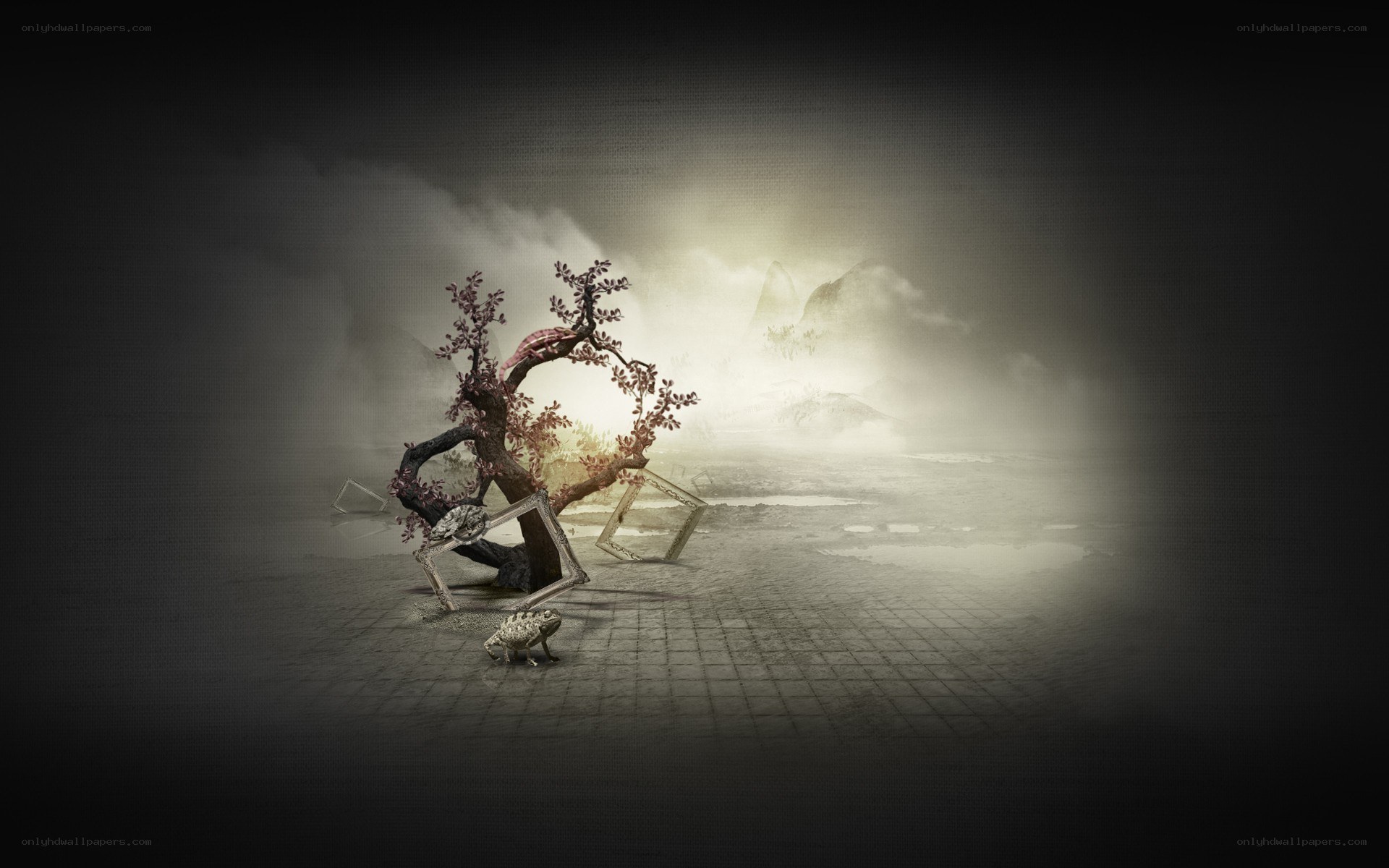 mystical tree in misty landscape