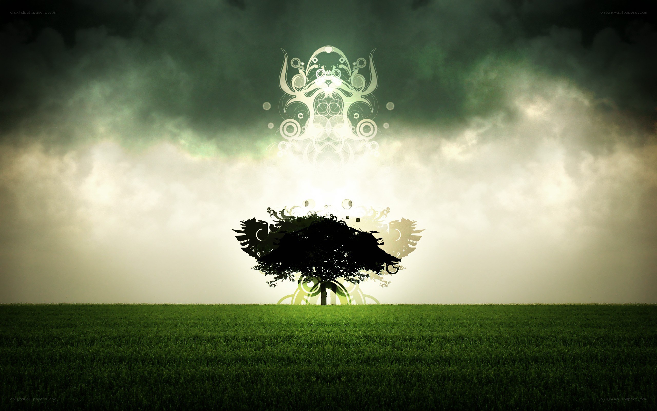 mystical tree in stormy field