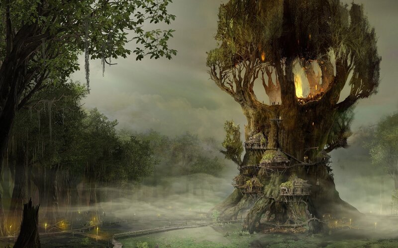 Mystical tree village in mist