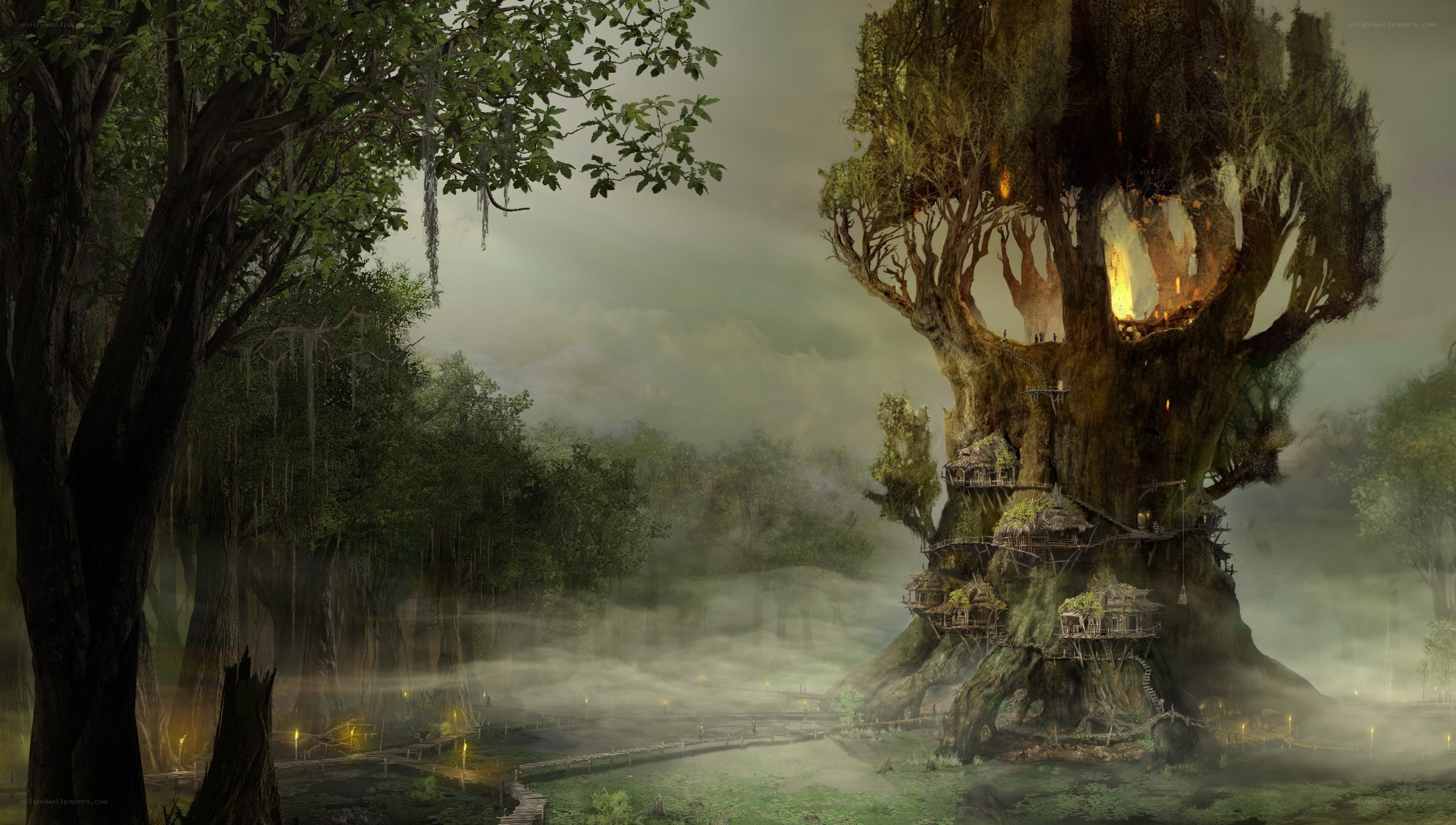 Mystical tree village in mist