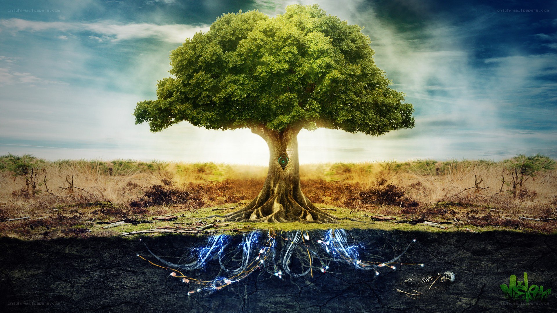 Mystical tree with glowing roots
