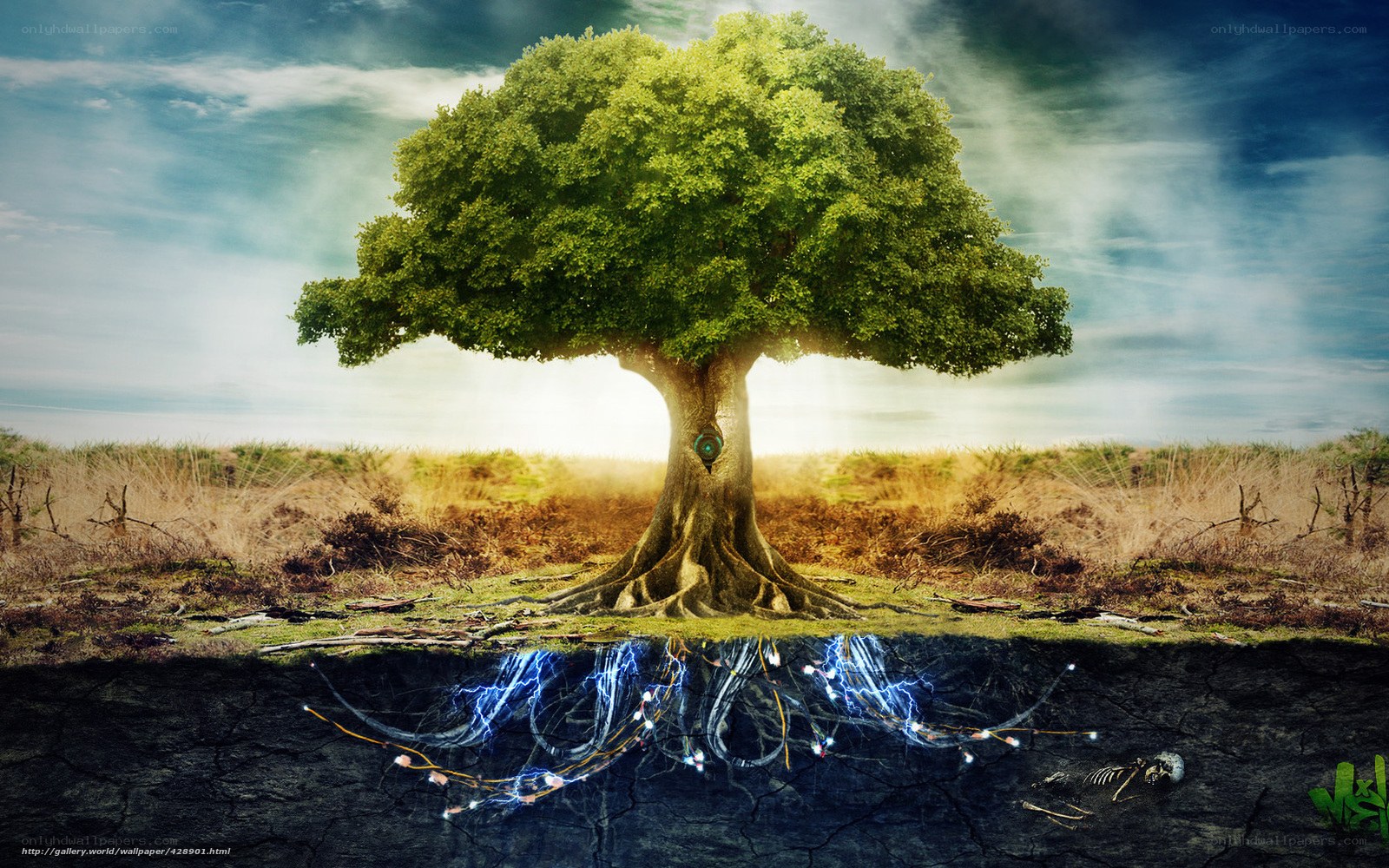 Mystical tree with glowing roots