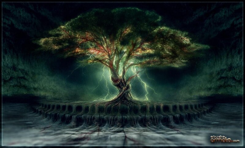 mystical tree with lightning