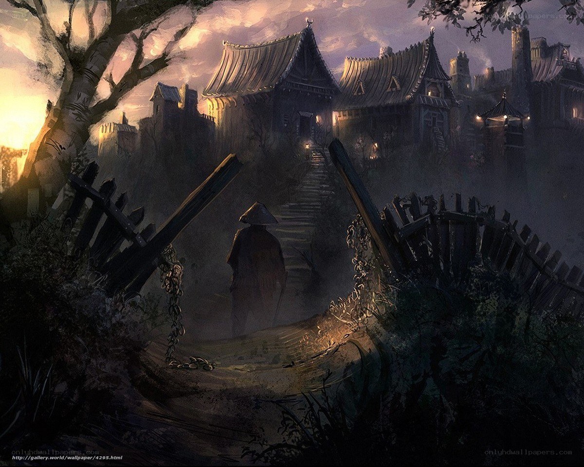 mystical village at dusk