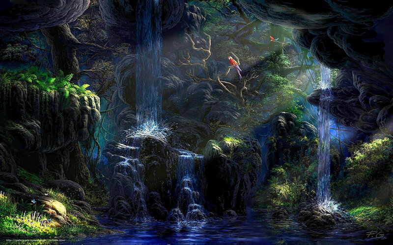 Mystical waterfall forest