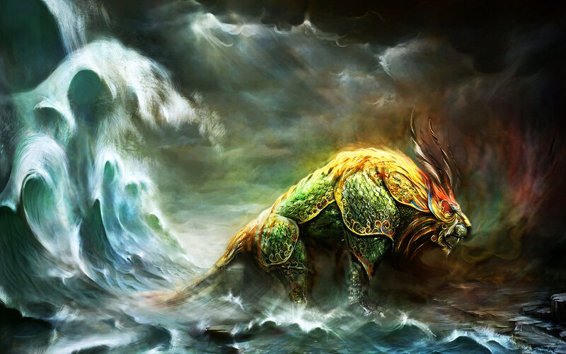 Mythical beast in stormy sea