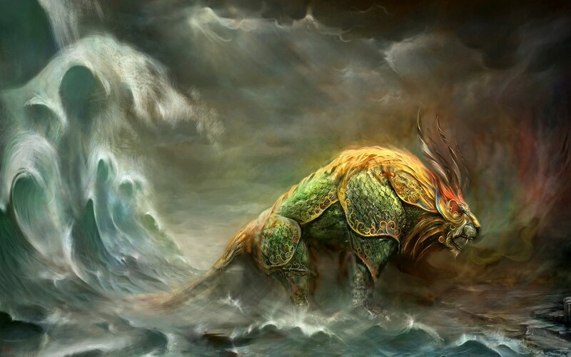 mythical beast in stormy sea