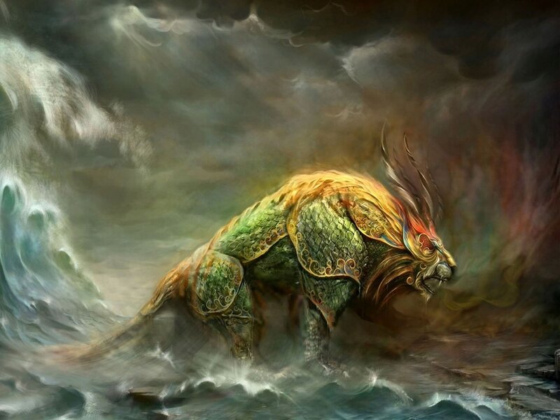 mythical beast in stormy sea