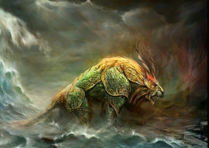 Mythical beast in stormy sea