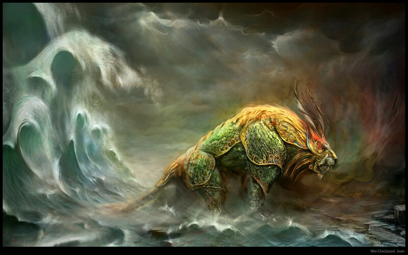 Mythical beast in stormy sea