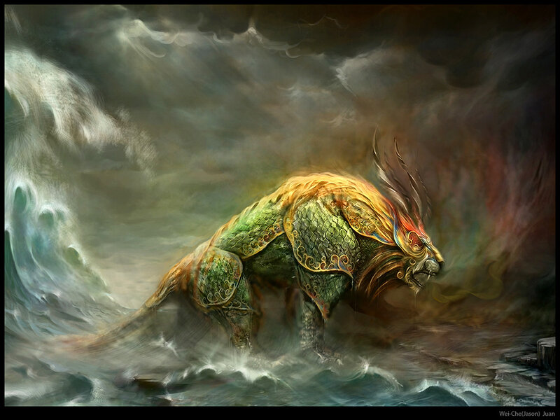 Mythical beast in stormy sea