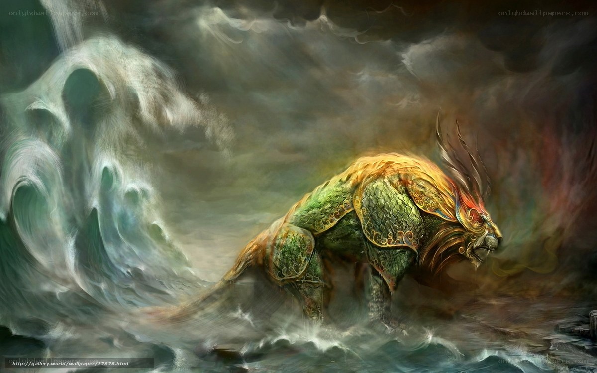 Mythical beast in stormy sea