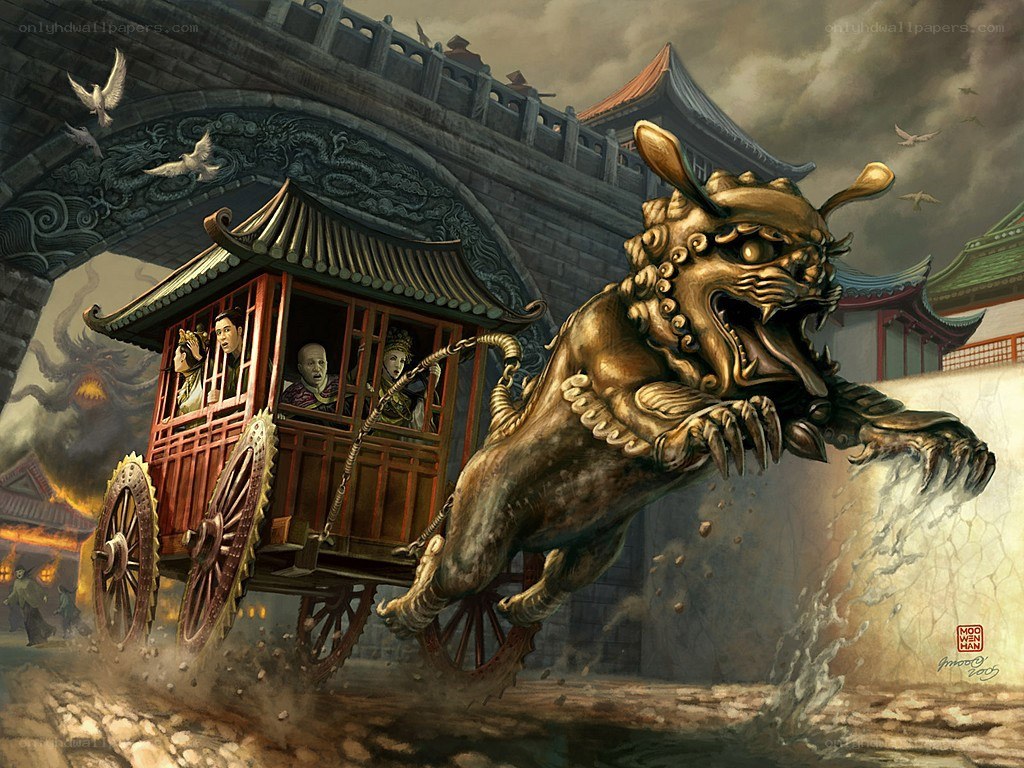 Mythical beast pulls carriage through city