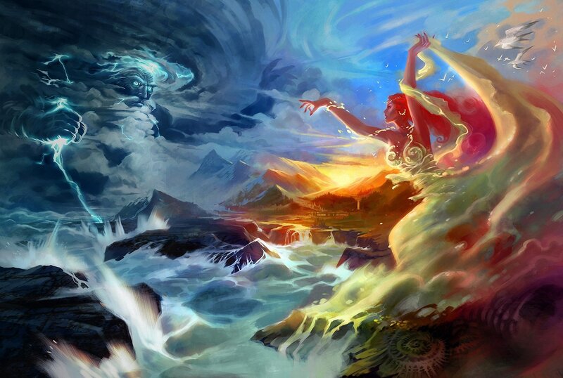 Mythical beings clash over a stormy sea