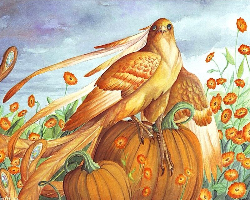 Mythical Bird on Pumpkins
