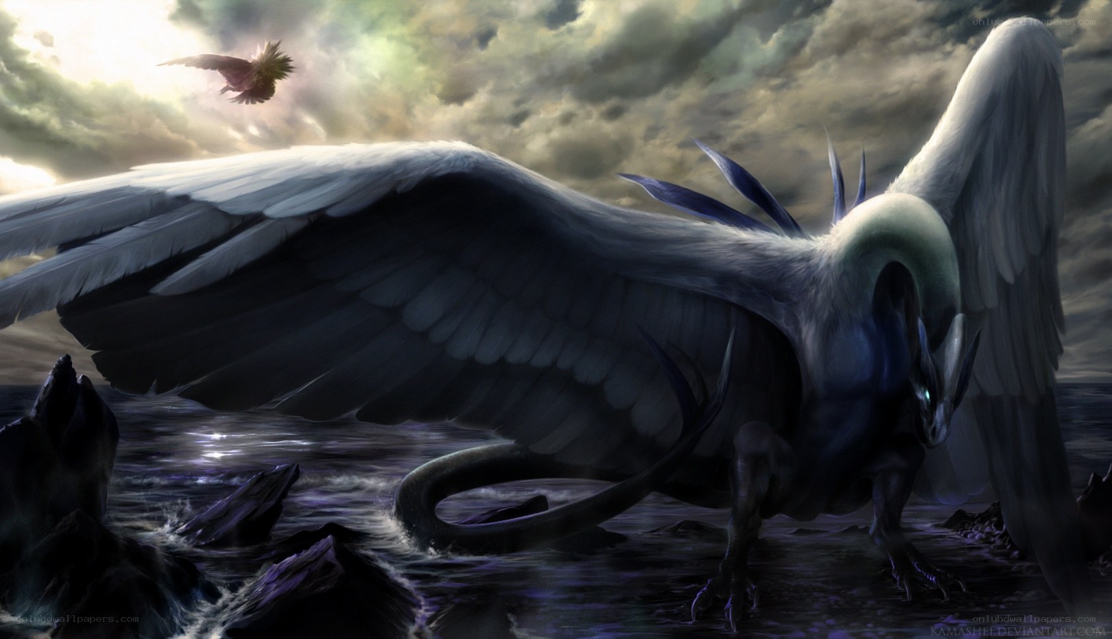 mythical bird on rocky shore