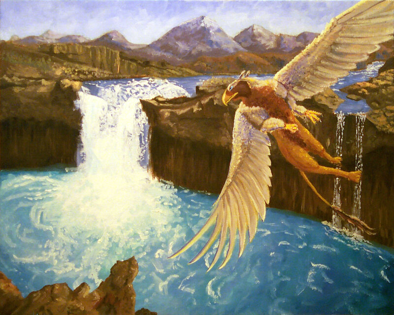 Mythical bird over waterfall