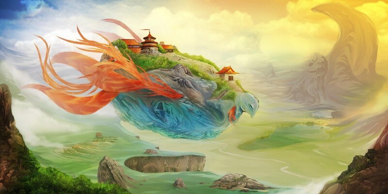 mythical bird soars over island