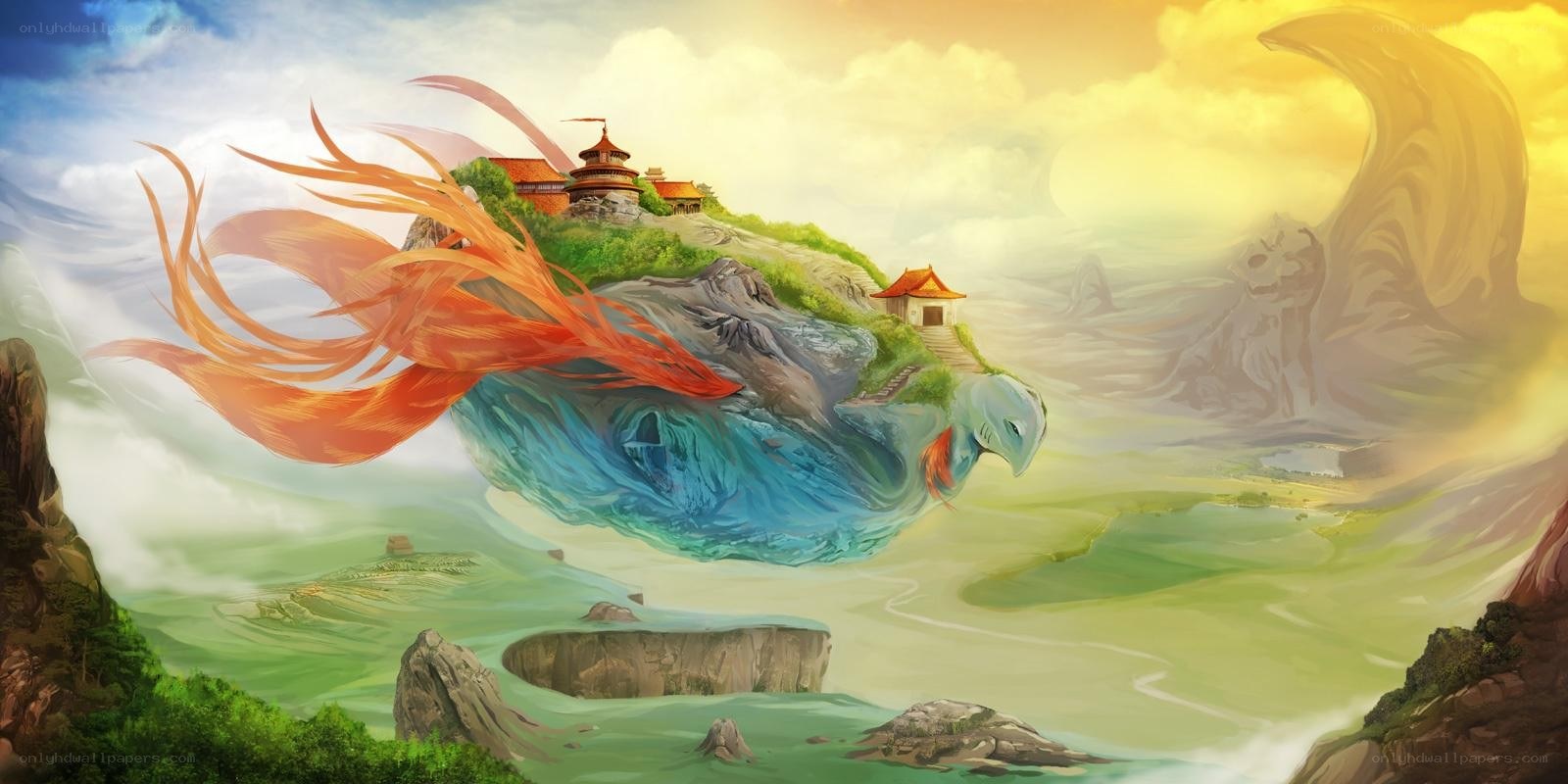 mythical bird soars over island