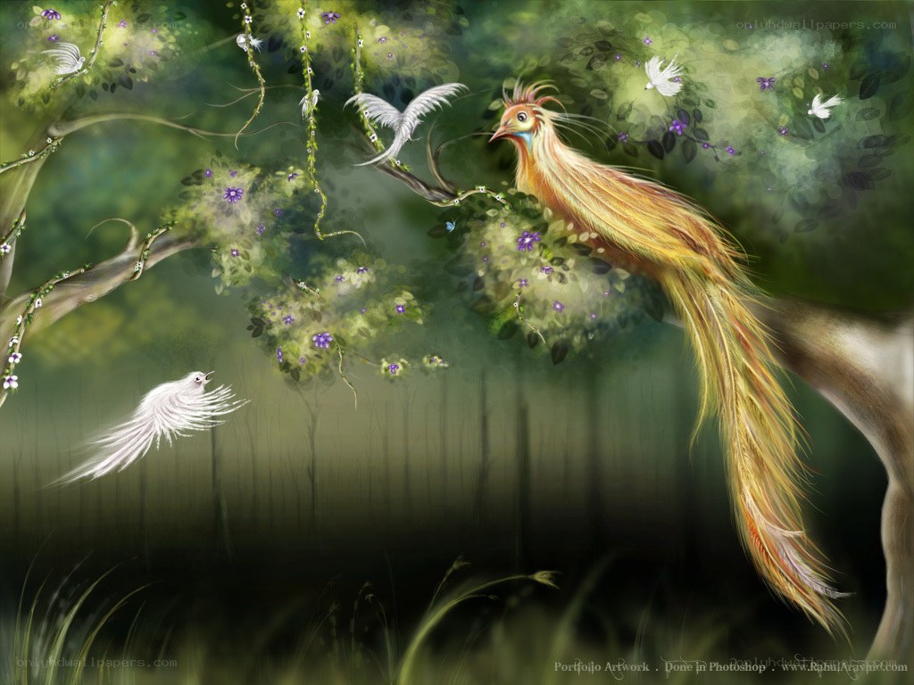 Mythical birds in a forest