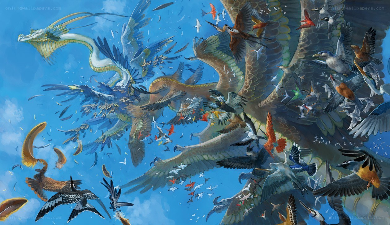 Mythical birds in flight