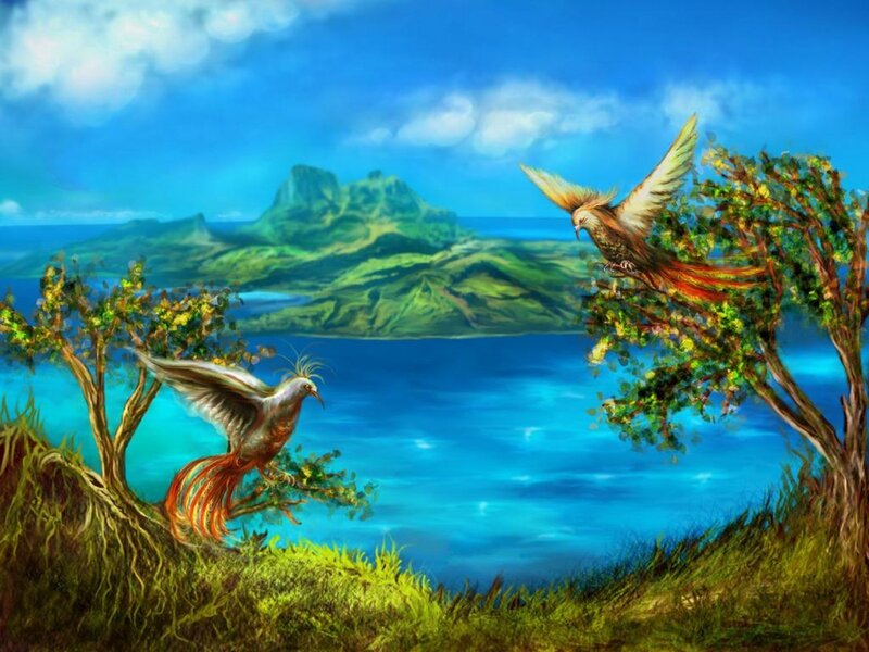 Mythical birds over a tropical island