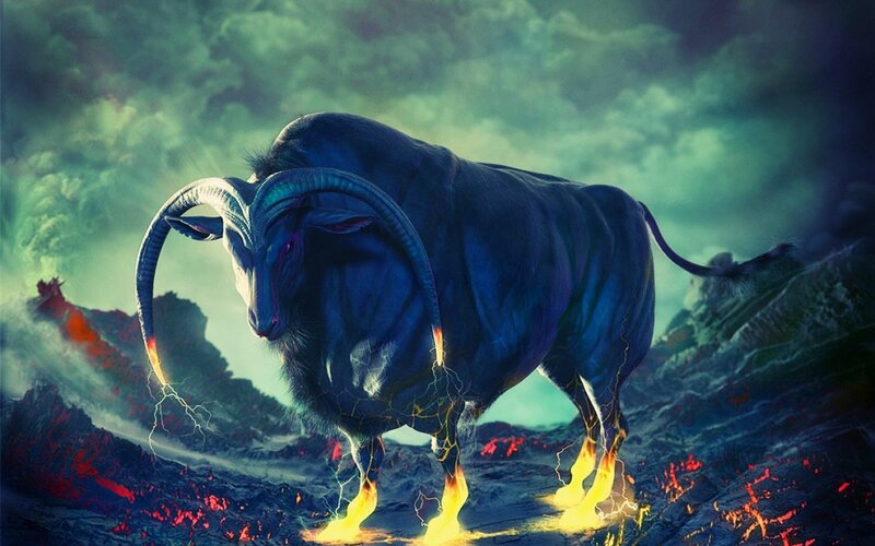mythical blue bull in volcanic landscape