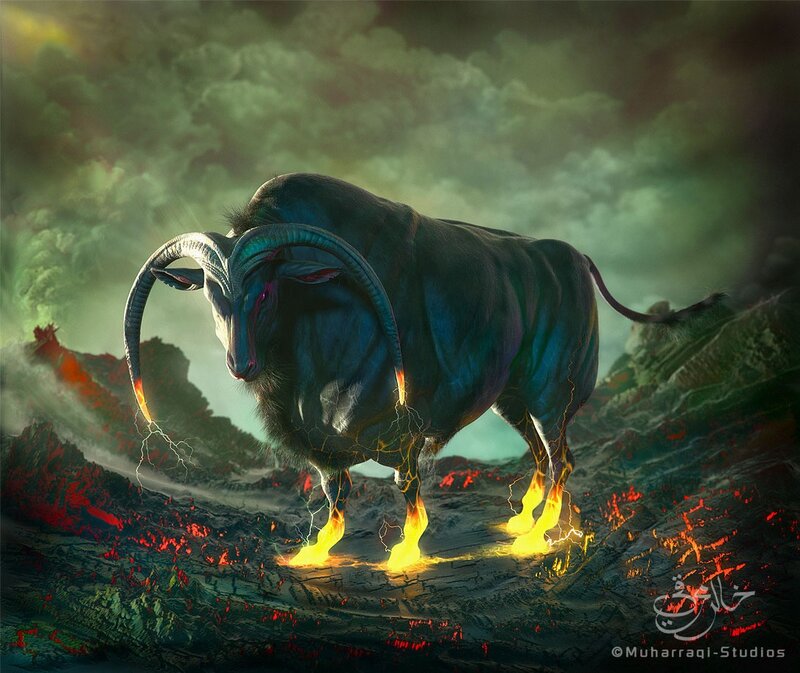 mythical bull in volcanic landscape