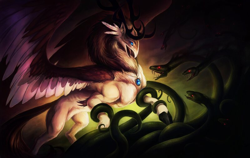 Mythical creature battling serpents