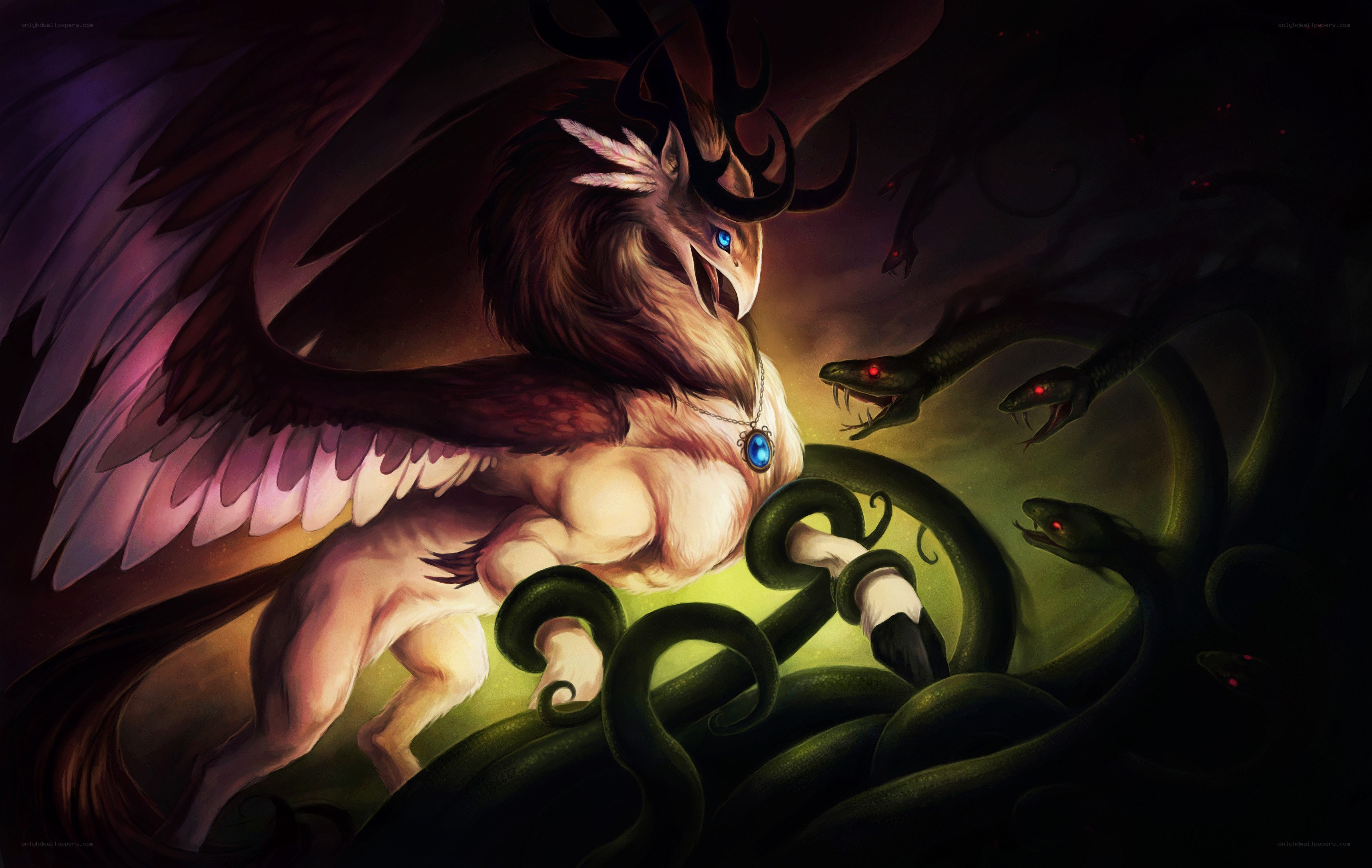 Mythical creature battling serpents