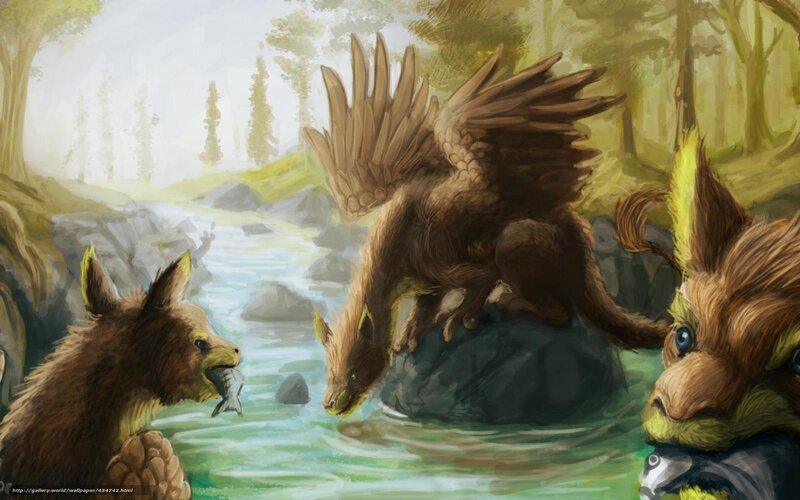 Mythical creatures by a river