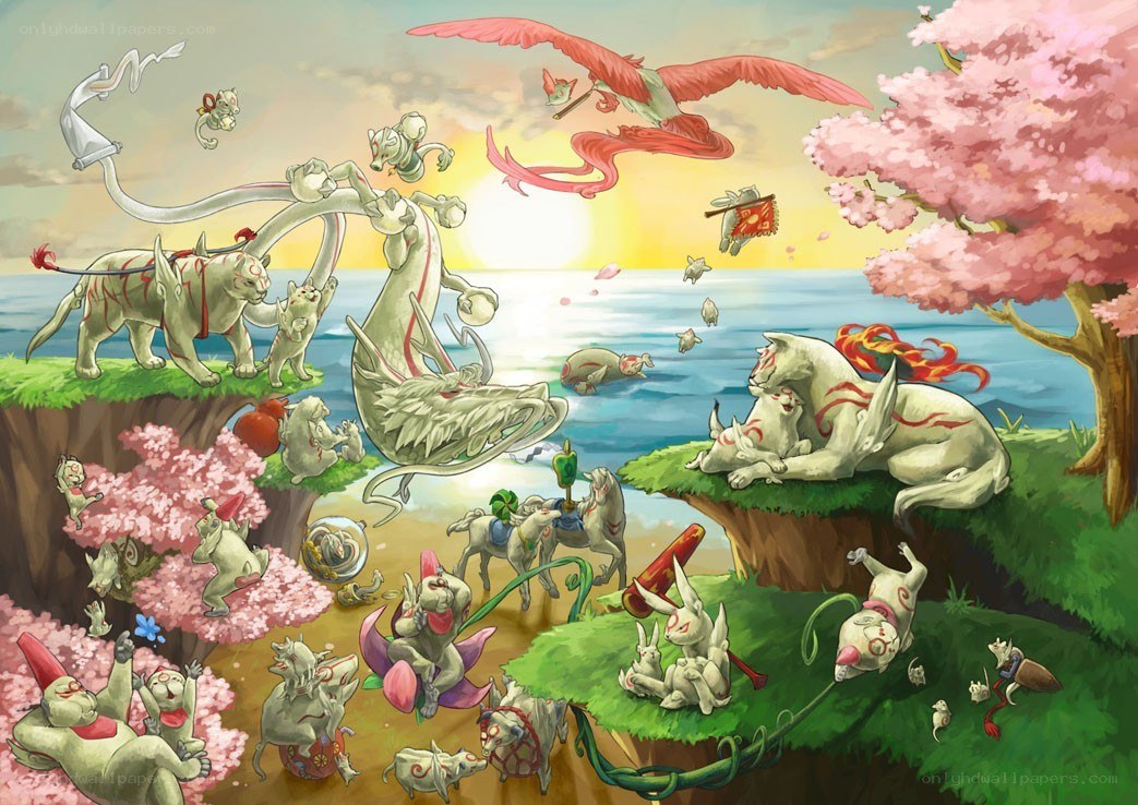 Mythical creatures in a cherry blossom landscape