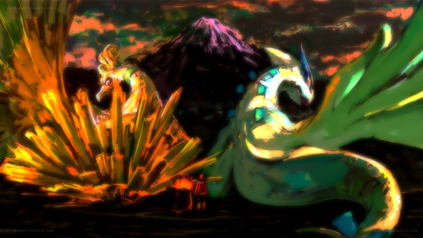 Mythical creatures in a fiery landscape