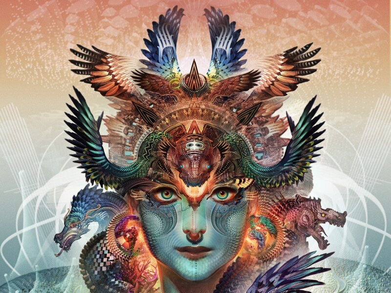 mythical figure with avian headdress