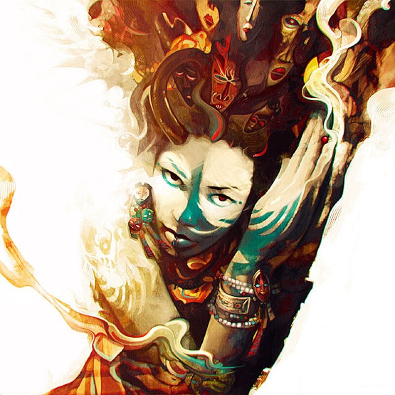 Mythical figure with mask headdress