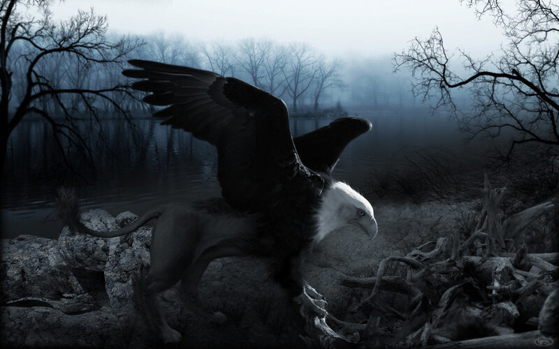 mythical griffin by a lake