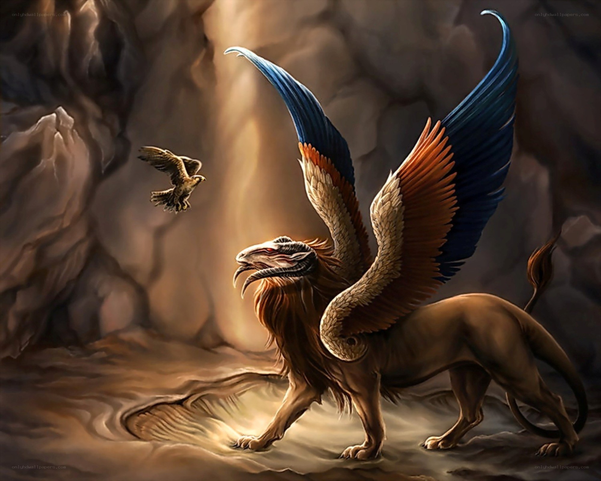 Mythical griffin in a cave