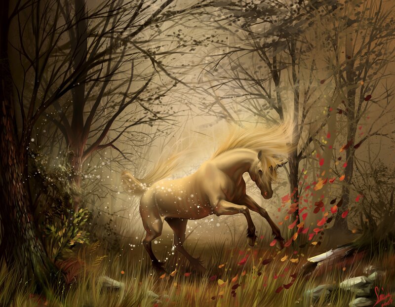 Mythical horse in autumn forest