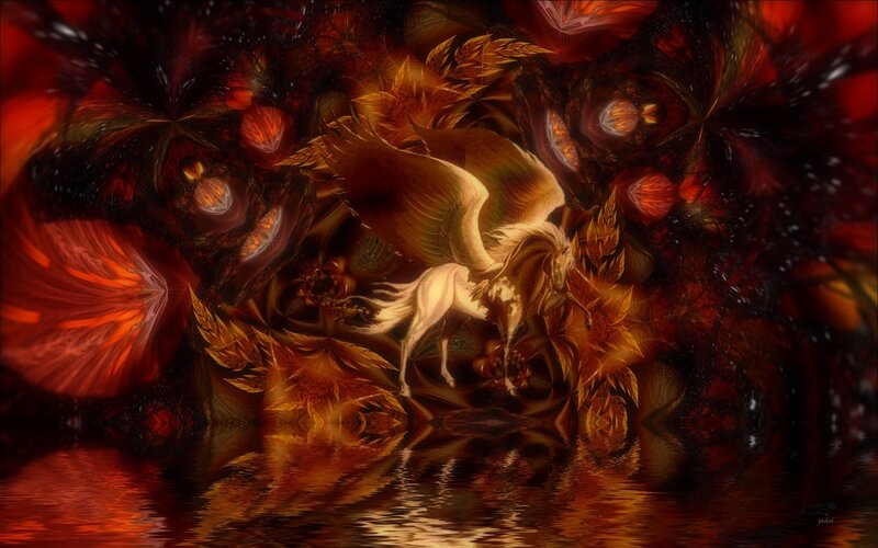 Mythical horse in fiery landscape