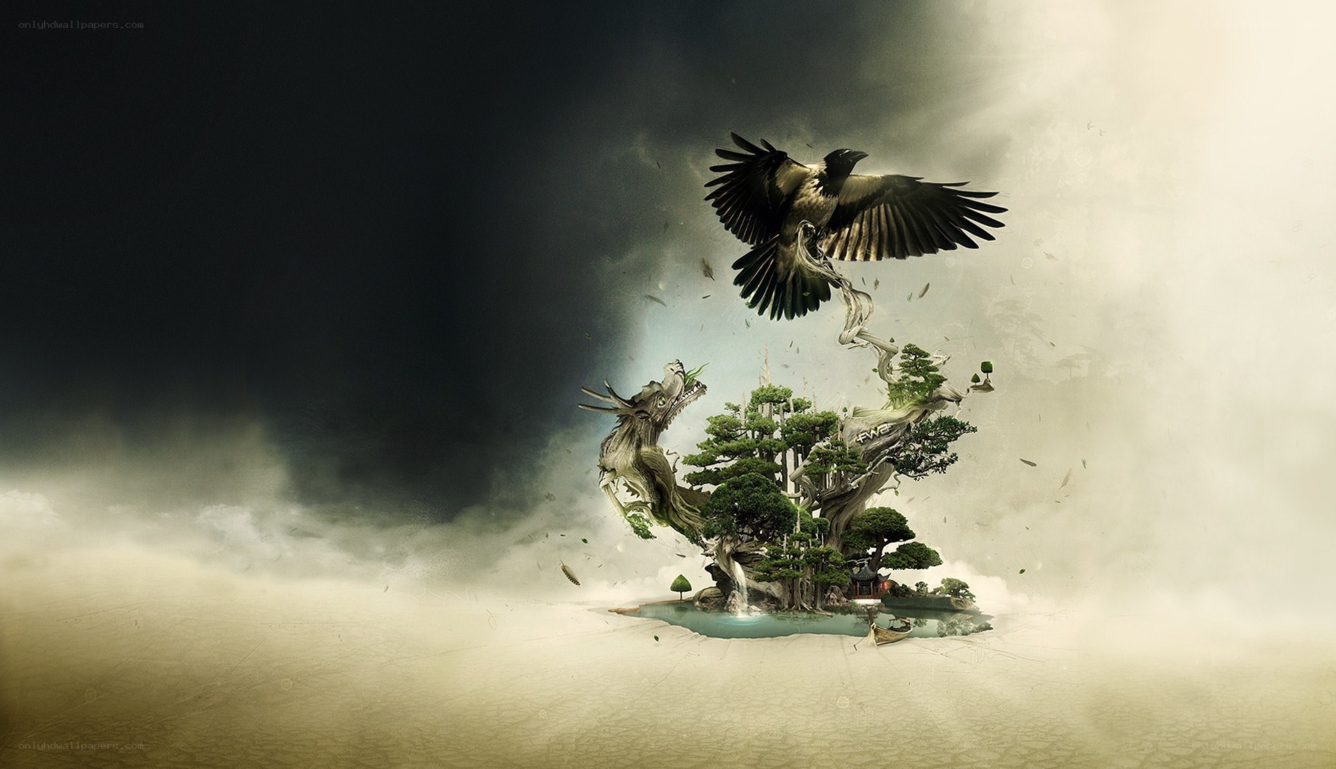 Mythical island with dragon and bird