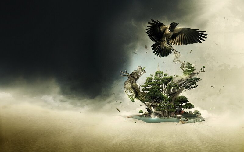 Mythical island with dragon and crow