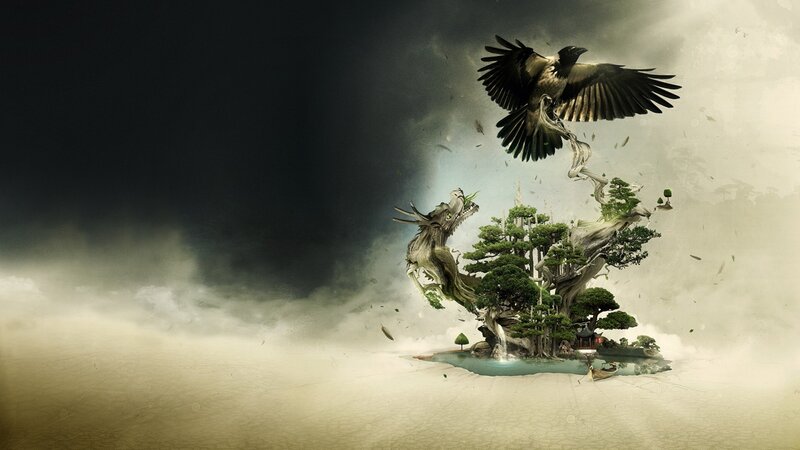 Mythical island with dragon and crow