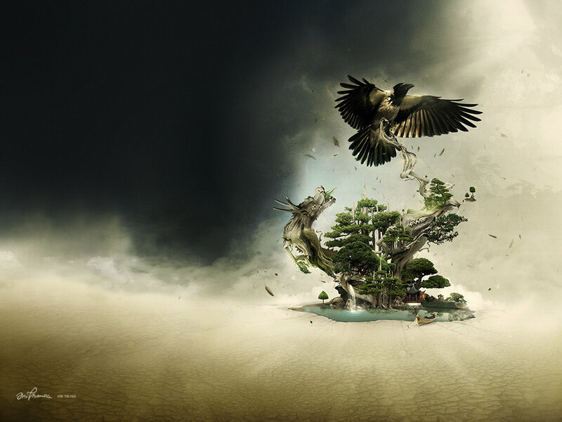 Mythical island with dragon and crow