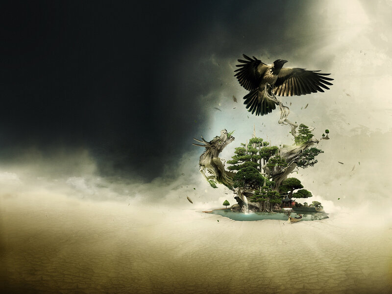 Mythical island with dragon and crow