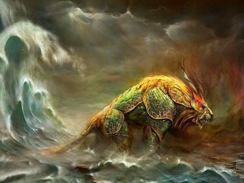Mythical Lion Creature — Green, Dramatic, Digital Art, Waves, Stormy Sky, Armor, Yellow