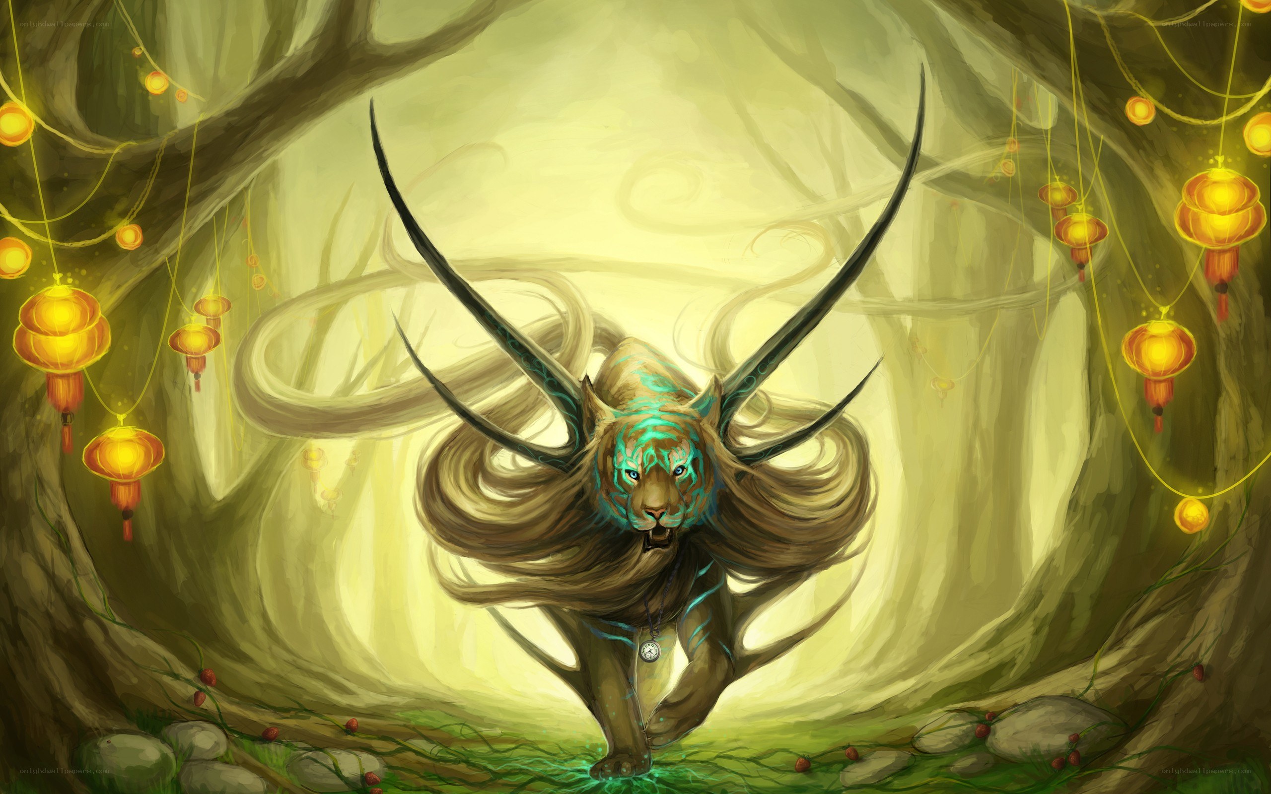 mythical lion in lantern-lit forest