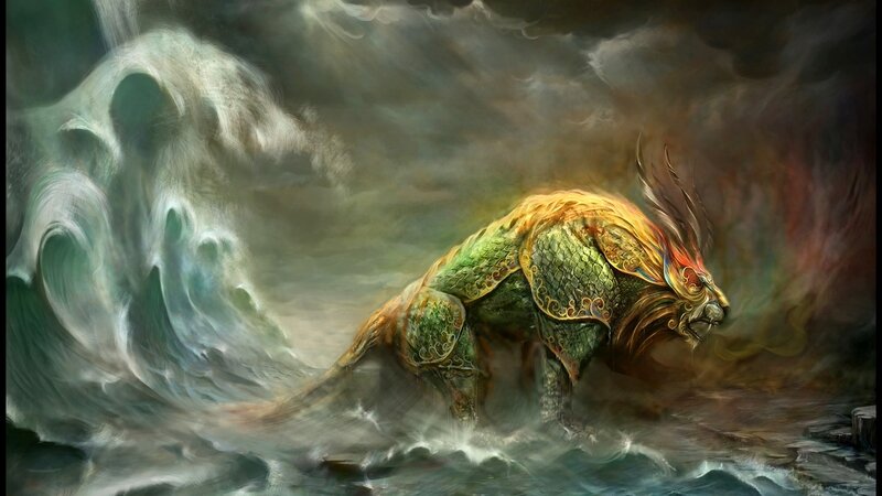 Mythical Lion-like Creature — Green, Dramatic, Digital Art, Waves, Stormy Sky, Armor