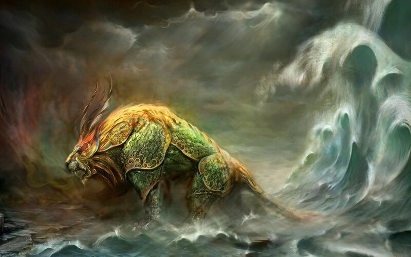 Mythical Lion-like Creature — Green, Dramatic